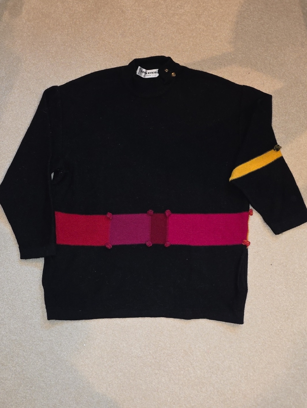 SONIA RYKIEL Women's Black Crewneck Sweater with Colorblock Accents